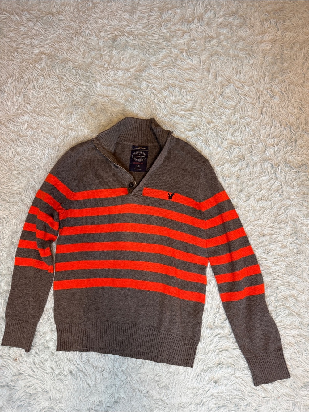 American Eagle Outfitters Brown & Orange Striped Zip-Neck Sweater men’s large